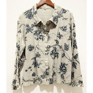 Vintage 100% Linen Medium Garron Women's Floral Slub Shirt Jacket Shell Buttons